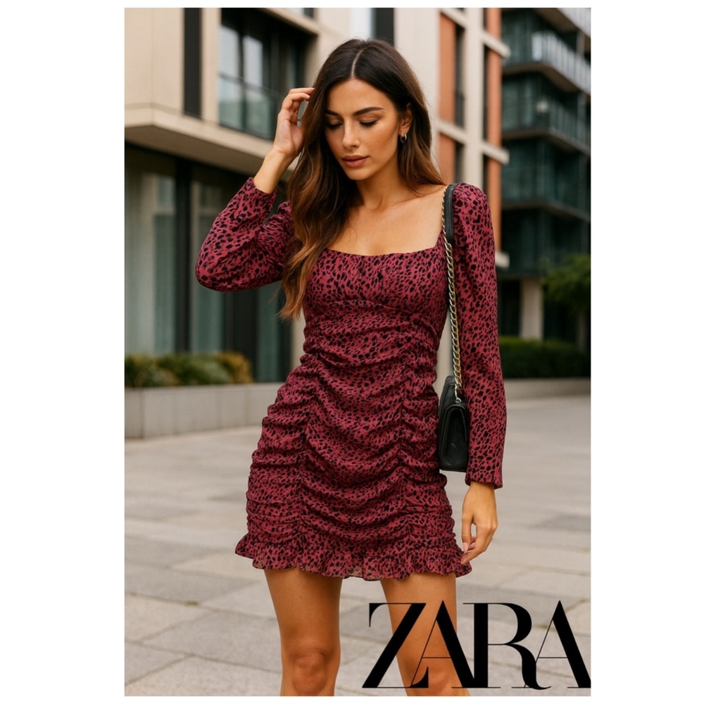 ZARA Pink Leopard Ruched Ruffle Mini Dress Long Sleeve Night Out large